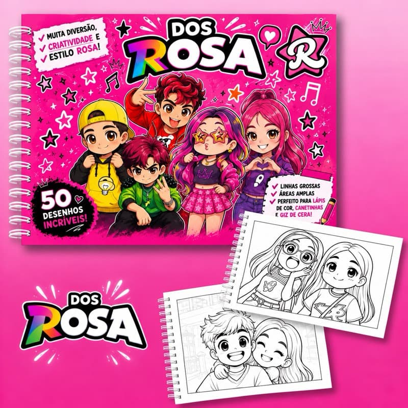Livro de Colorir Dos Rosa A5 | Série Infantil da Internet | 50 Desenhos | Papel 180g | Capa Dura