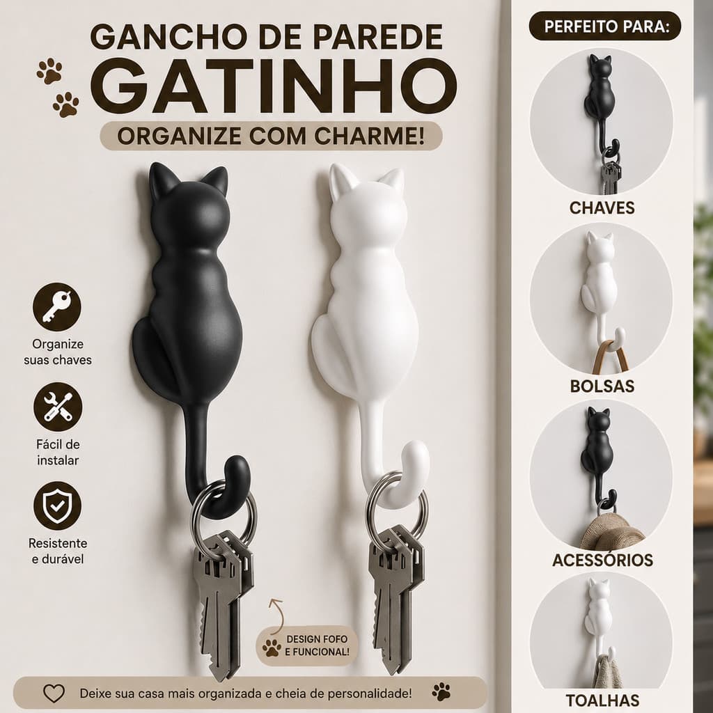 Kit com 2 Ganchos de Parede em Formato de Gato – Porta-Chaves Fofo em PLA