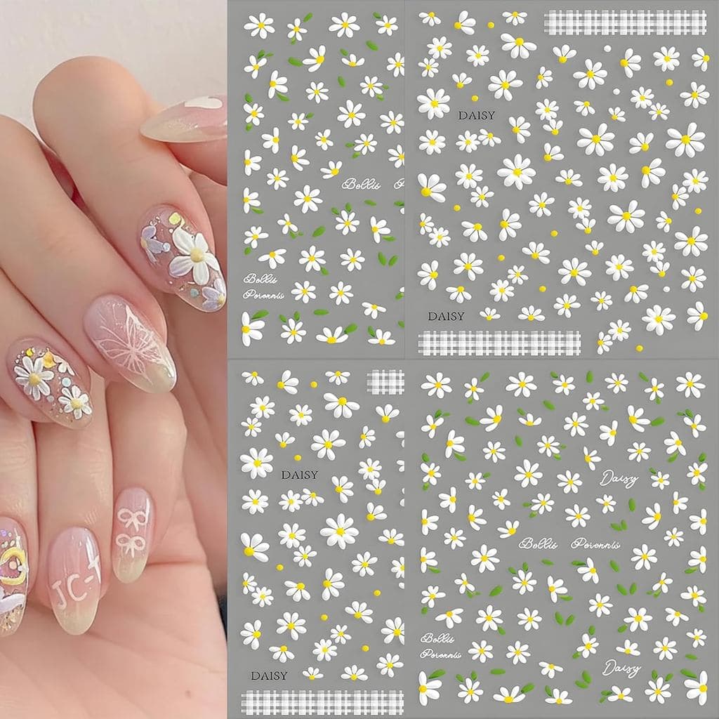4 Folhas de Adesivos de Unhas com Flores - Adesivos de Unhas Margaridas 5D Autoadesivos - Decalques de Unhas Margaridas