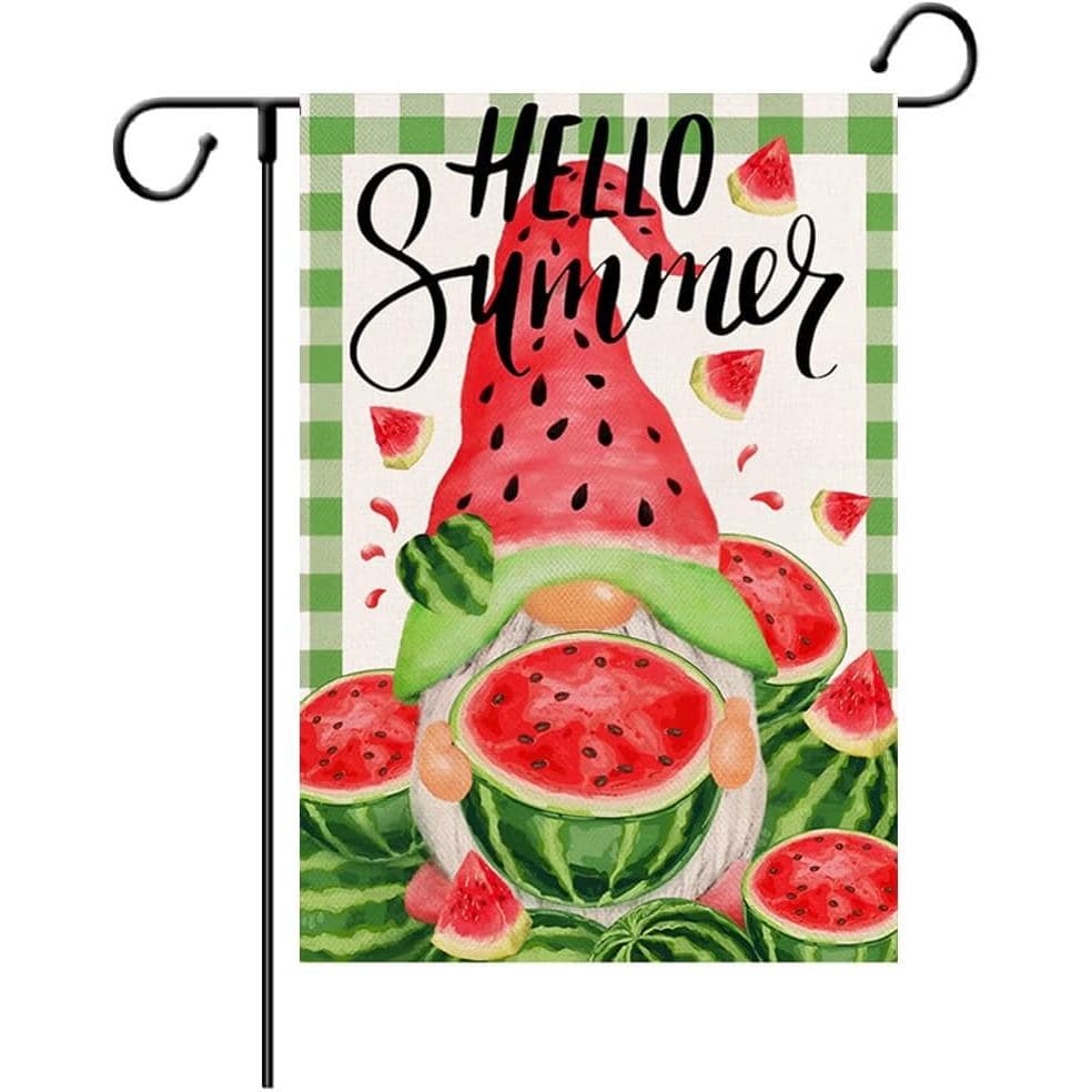 Hello Summer Watermelon Garden Flag 12.5 x 18 Inch Summer Gnome Decorative Double Sided Burlap Flag For Farmhouse Yard O