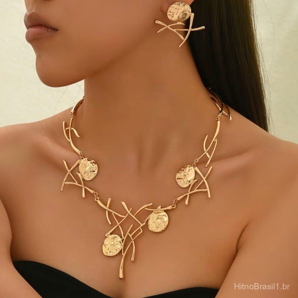 Kit colar e brincos feminina medalha irregular galhos banhado Ouro 18K e Prata925