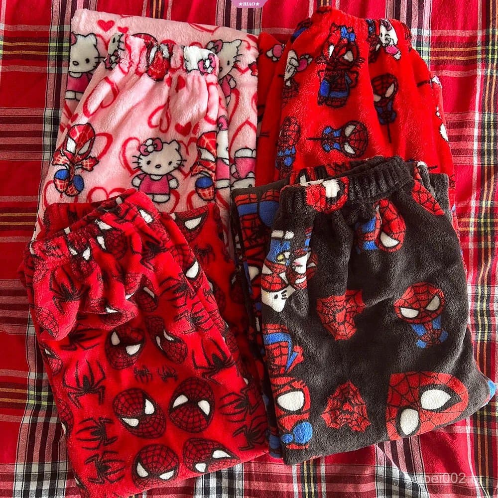 Sanrio Hello Kitty Y2k Kawaii Anime Flanela Pijamas Feminino De Lã Quente Calças Casuais De Moda Outono Inverno