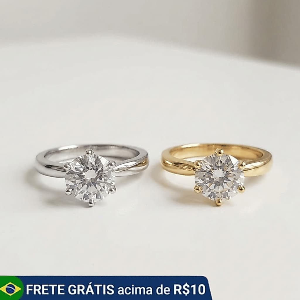 Anel Solitário Prata e Dourado Virgínia Ajustável Tamanho Regulável Pedra Moissanite 10mm