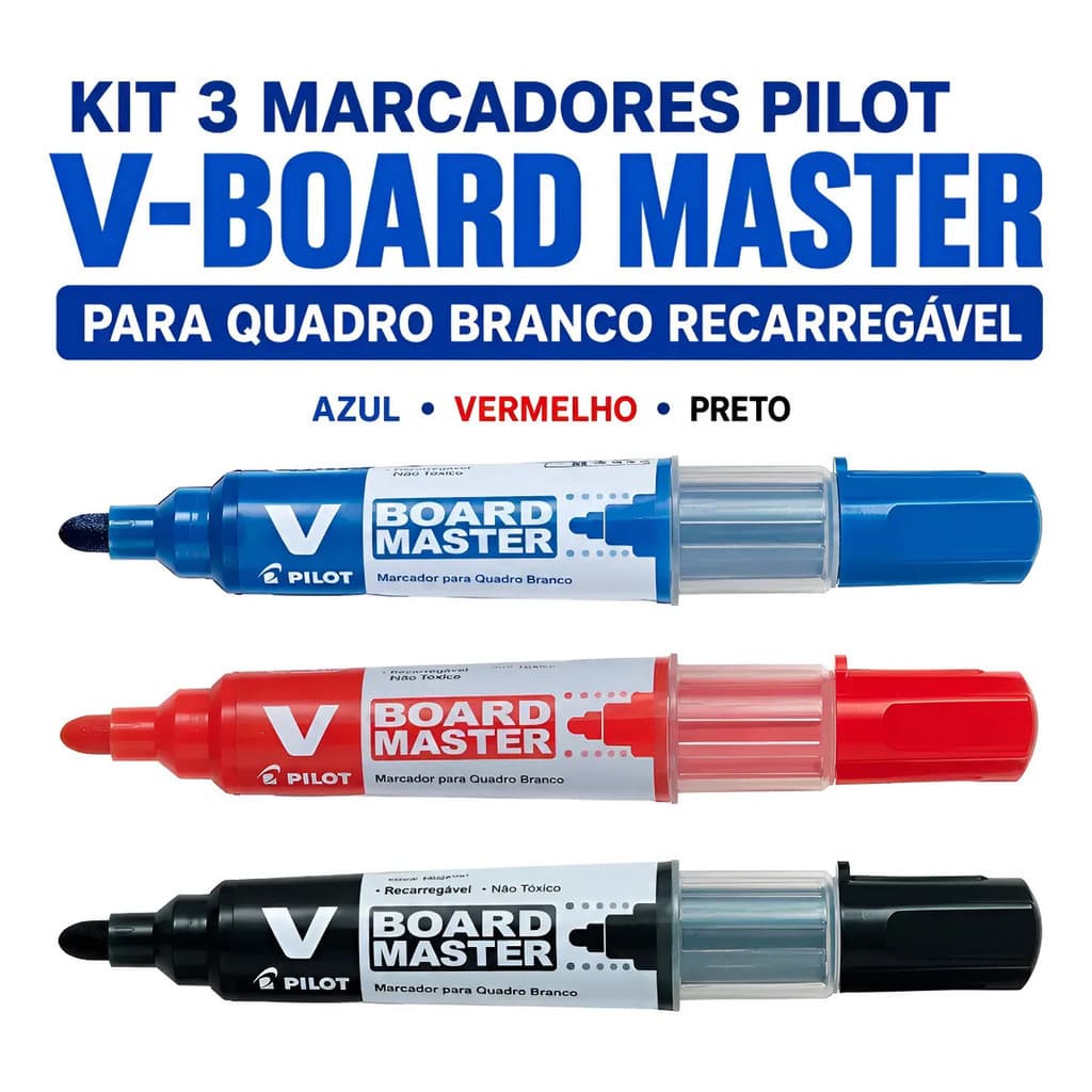 Kit 3 Canetas Quadro Branco Pilot V Board Recarregável Preto, Vermelho E Azul