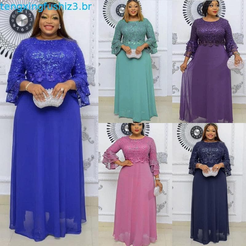 3/4 Manga Flare Sleeve Waist Tight A-Line Flower Decor Vestido Noturno Bordado Em Renda Chiffon Flowy Hem Patchwork Plu