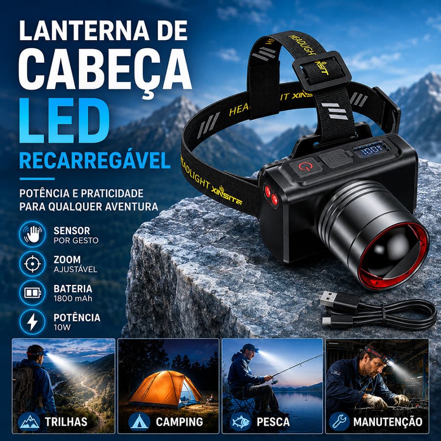 Lanterna de Cabeça LED P50 1800mAh 3 Modos IPX4 Foco 90° Ajustável Camping Trilha Pesca