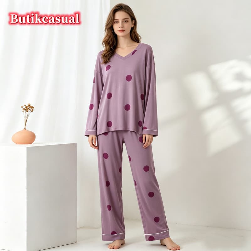 Conjunto De Pijama Feminino Plus Size Modal Bolinhas Decote Em V Manga Comprida Top Calças Largas Duas Peças Loungewear