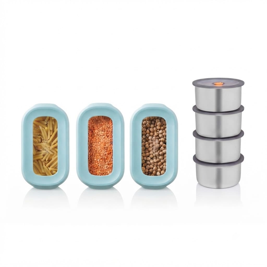 Kit Organização Master: 4 Potes Herméticos em Inox + 3 Potes Herméticos com Suporte Organizador
