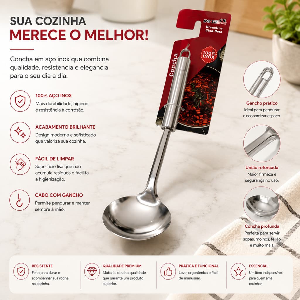 Concha Inox Aço Inoxidável Resistente Com Gancho Para Cozinha