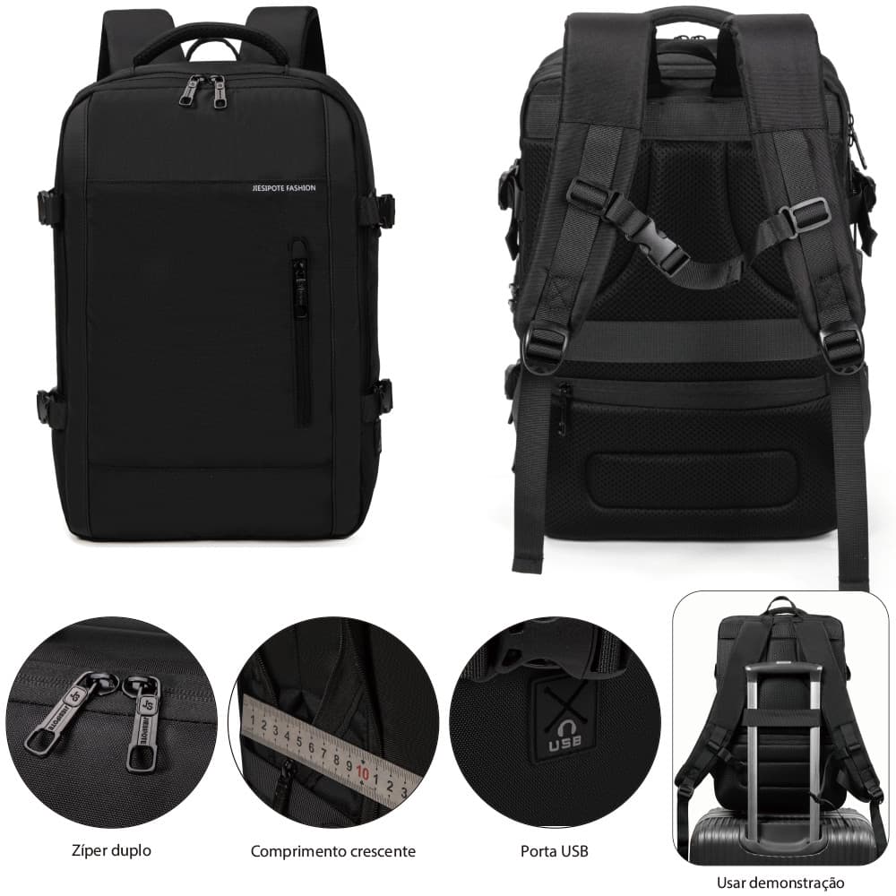 Mochila Grande Capacidade USB para Notebook 15.6" Mochila de Viagem Trabalho Preta