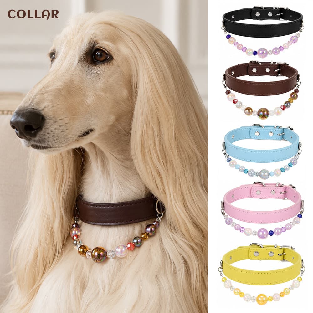 Bonito DIY Frisado Pet Colar De Couro Cão Gato Pérola Charme Gargantilha Acessórios Para Cães Pequenos Médios