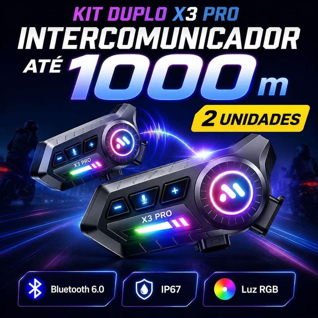 Intercom Moto X3 PRO Duplo Bluetooth 6.0 IP67 1000m RGB para Piloto e Garupa com 2 Unidades