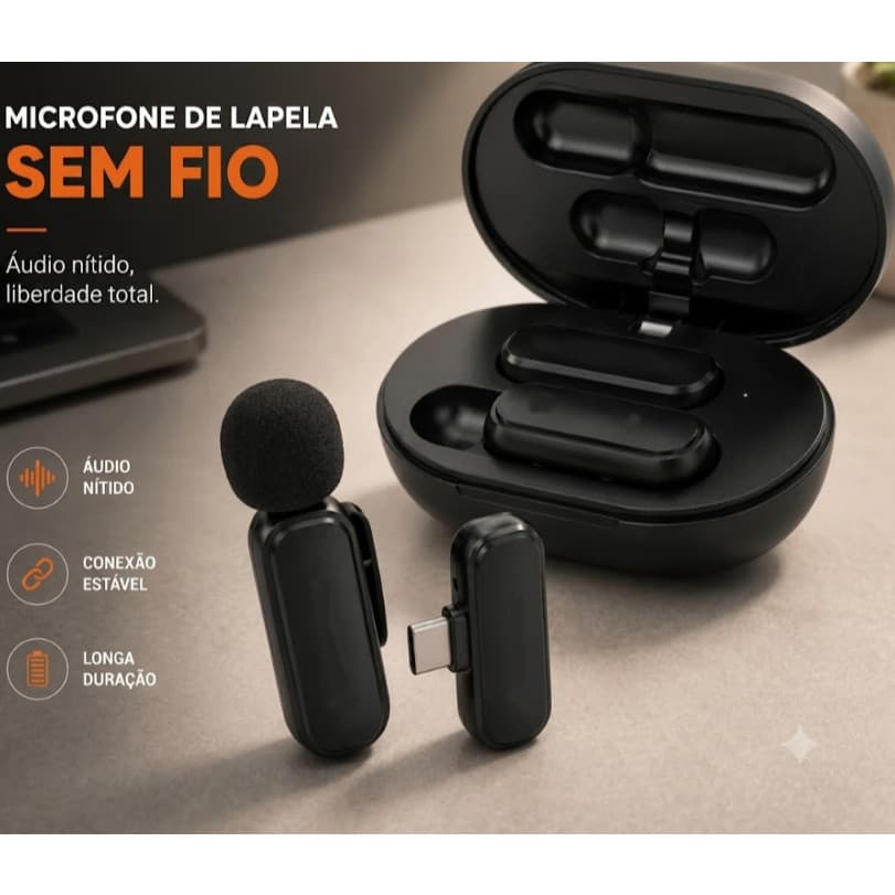 Microfone de Lapela Sem Fio Profissional para iPhone e Android