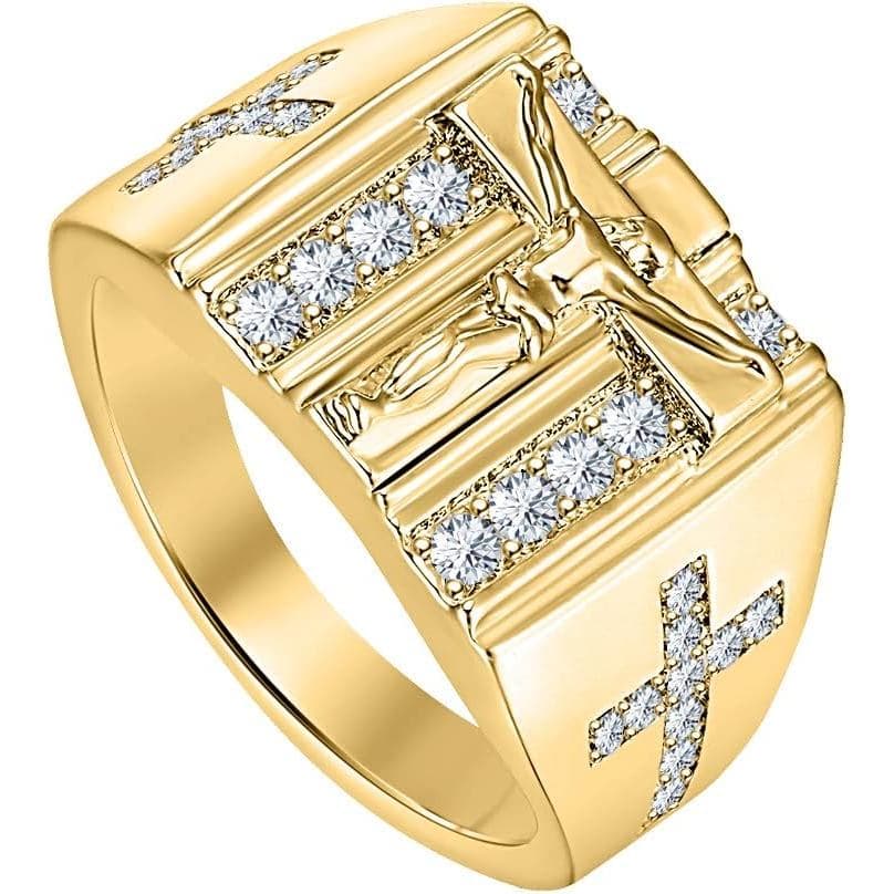 Joias de Ouro e Diamantes, Joias Religiosas Masculinas, Anel Cúpula com Cruz de Jesus em Ouro Amarelo 18k sobre Prata Es