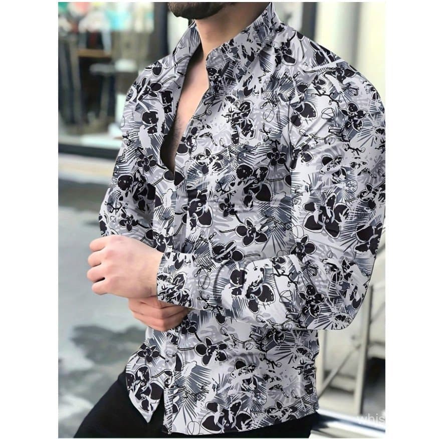 Camisa Masculina de Manga Longa Slim com Estampa 3D, Moda Casual de Primavera
