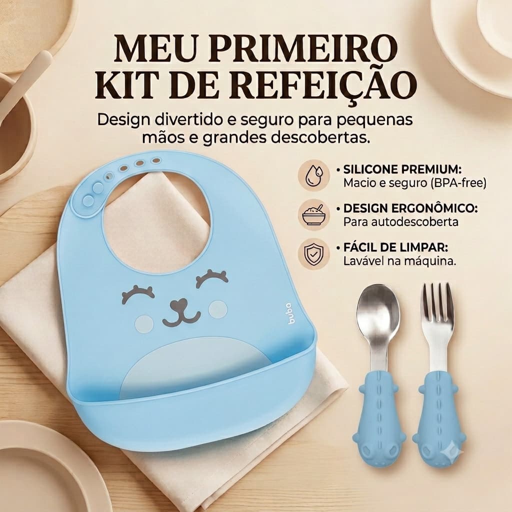 KIT REFEIÇÃO BABADOR  CATA MIGALHAS E TALHERES EM SILICONE BUBA AZUL