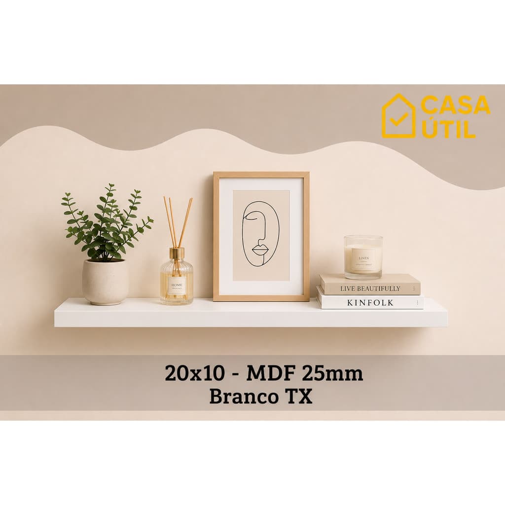 Prateleira Flutuante 20x10 cm MDF 25mm Branca com Suporte Invisível Sala, Cozinha e Quarto