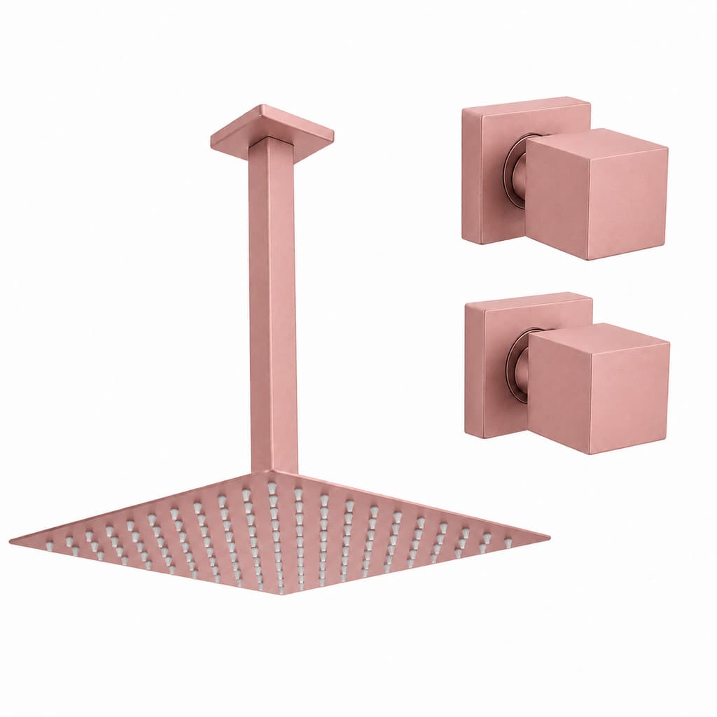 Kit Ducha Quadrada 20x20 Slim de teto + 2 Acabamentos para Registro base deca Quadrado de 1/2 ou 3/4 Rose-Gold Fosco
