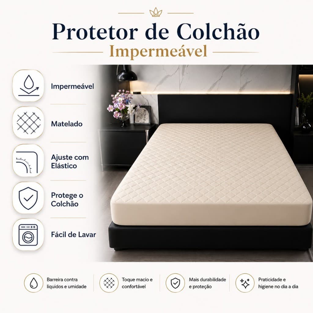 Protetor de Colchão Impermeável Matelado com Elástico Lavável – Solteiro, Casal, Queen e King