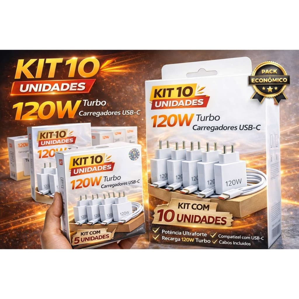 Kit 10 Carregadores Turbo 120W USB-C PD com Cabo – Carregamento Ultra Rápido e Seguro
