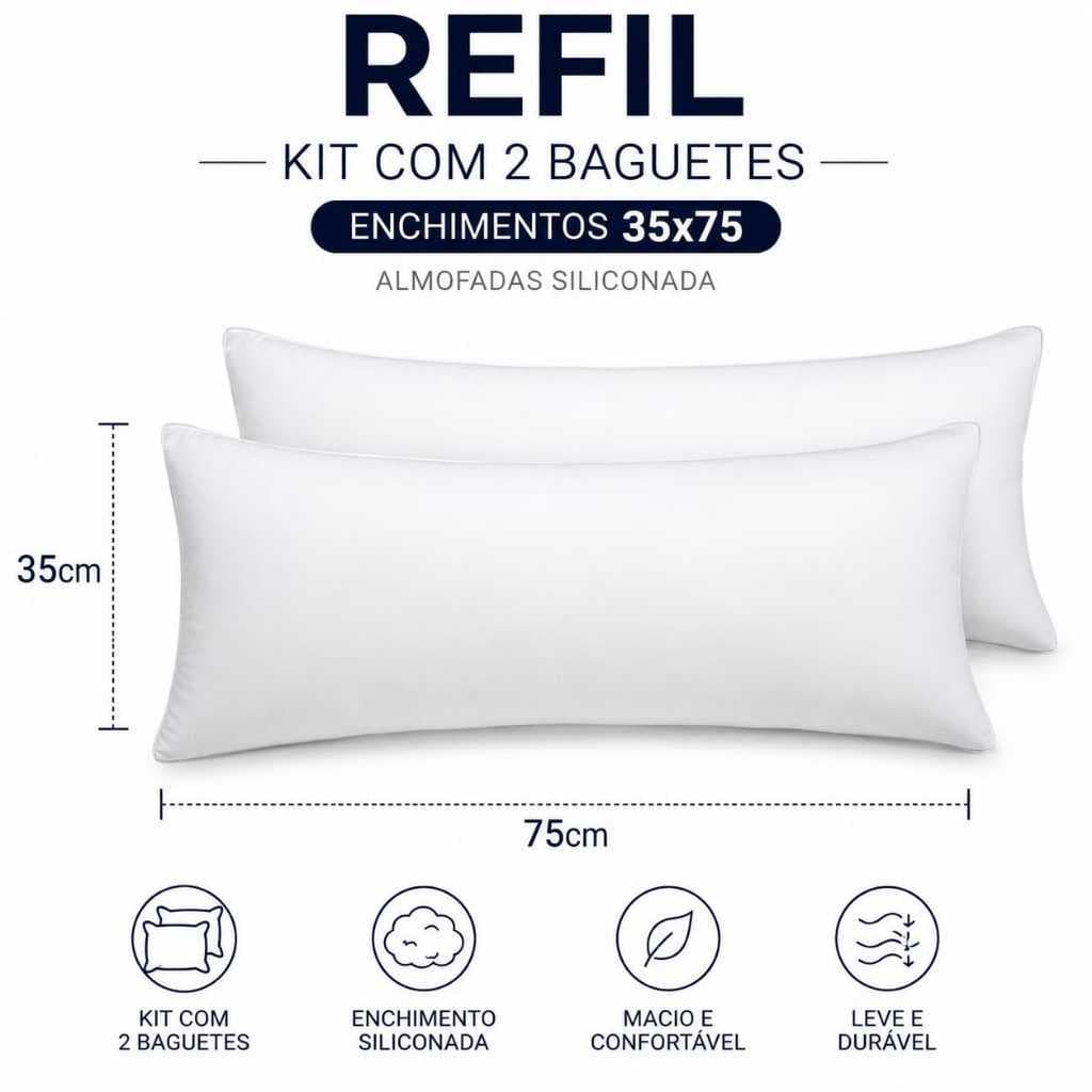 Kit Com 2 Baguetes enchimentos 35x75 almofadas Siliconada