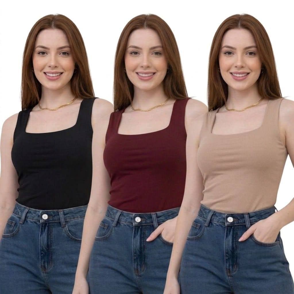 Kit 3 Blusas Regata Feminina Decote Quadrado Suplex Premium Forrada Alça Larga