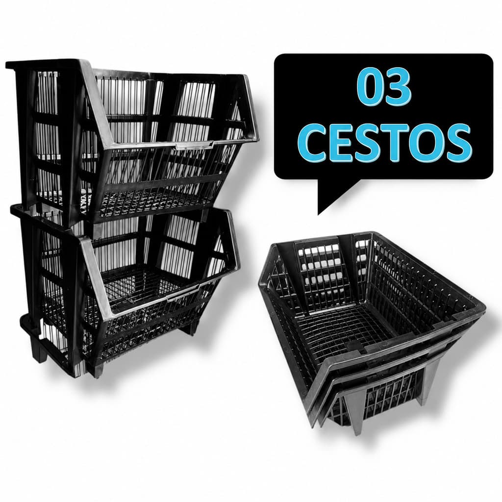 03 UNIDADES CESTO EMPILHAVEL Expositor Organizador Preto CAIXA VAZADA ORGANIZADORA