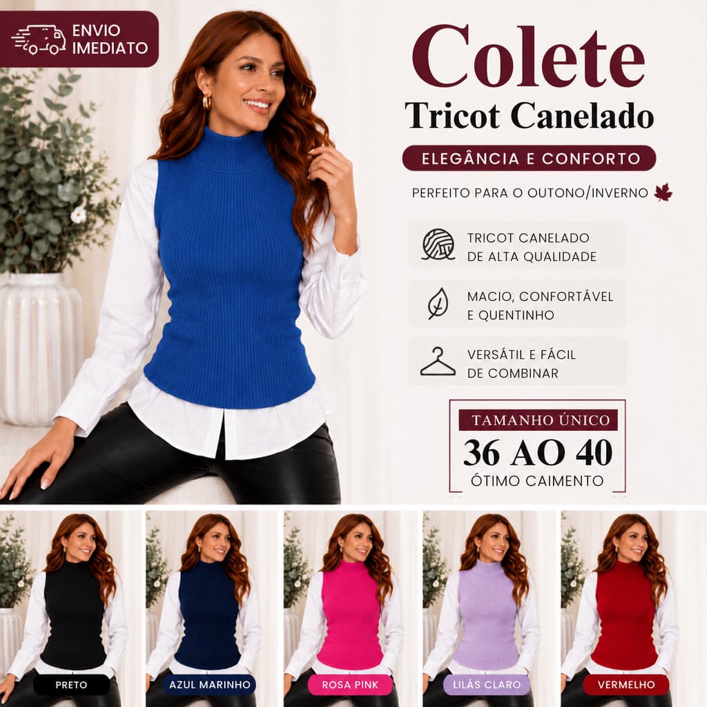 Colete Tricô Feminino Canelado Gola Alta Regata Blusa Moda Blogueira Inverno