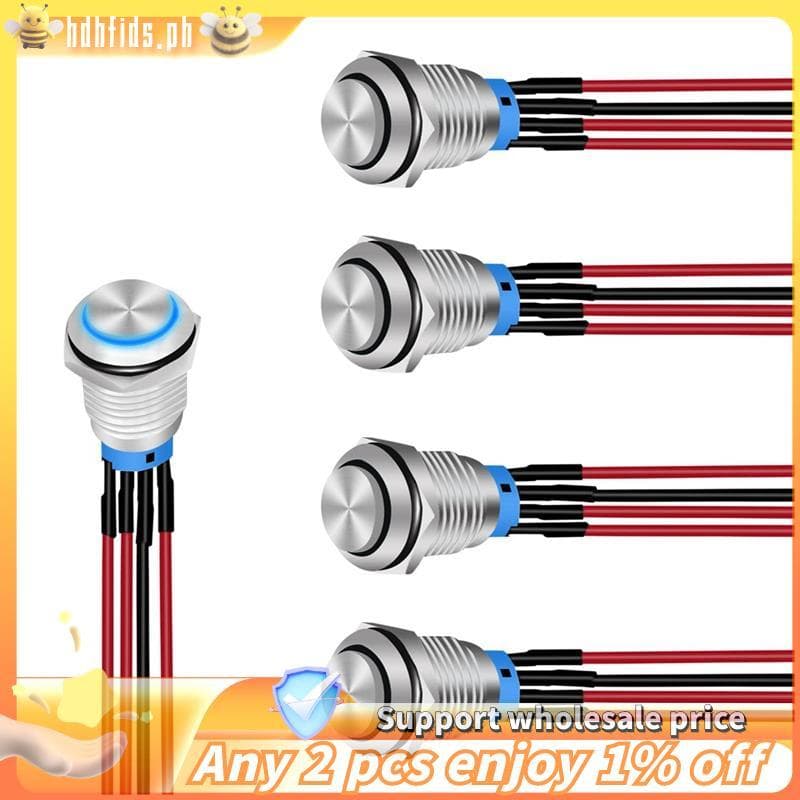 Interruptor De Botão De 5 Peças Com Chicote Pré-Fiado LED Redondo Metal À Prova D'água 12 Mm
