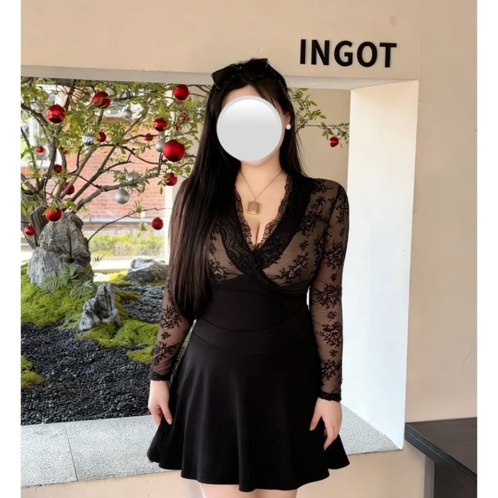 Tamanho grande 150kg gordura mm estilo feminino renda com decote em V costura linha A Slim Fit cobrindo vestido curto de