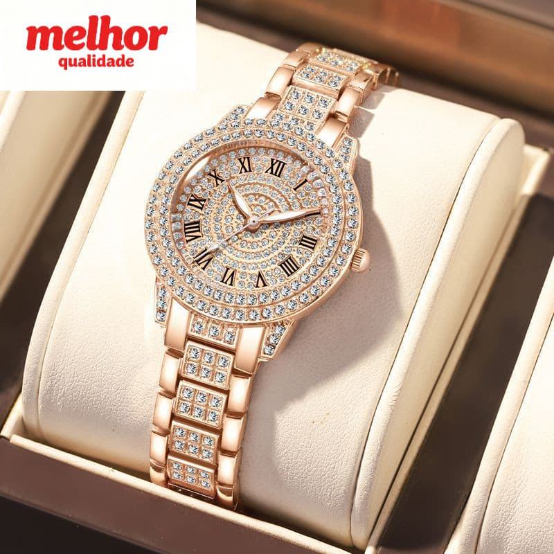 Gypsophila Full Diamond Ladies Quartz Watch Numeral Romano Steel Band Watch Light Luxo Redondo cravejado de diamantes à
