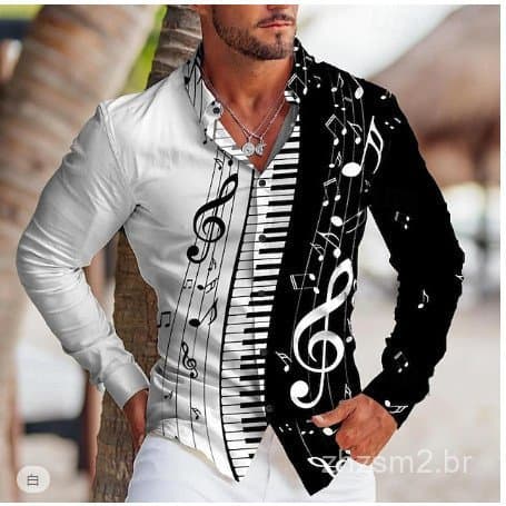 Camisa Masculina com Estampa Rítmica, Impressão Digital 3D, Camisa Casual de Moda Masculina