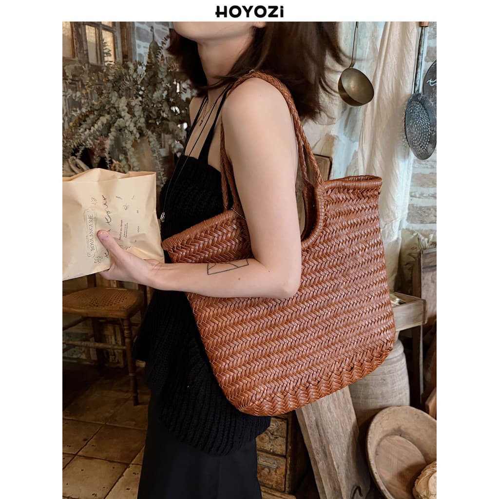 HOYOZI 2026 Novo produto de primeira camada de couro tecido à mão de um ombro bolsa grande axilas feminina [bolsa Xiaoyo