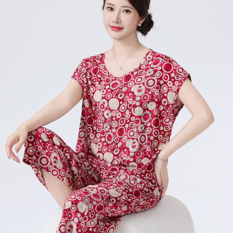 Pijamas femininos femininos conjunto de seda de algodão fino meia-idade idosos algodão seda Loungewear algodão curto-