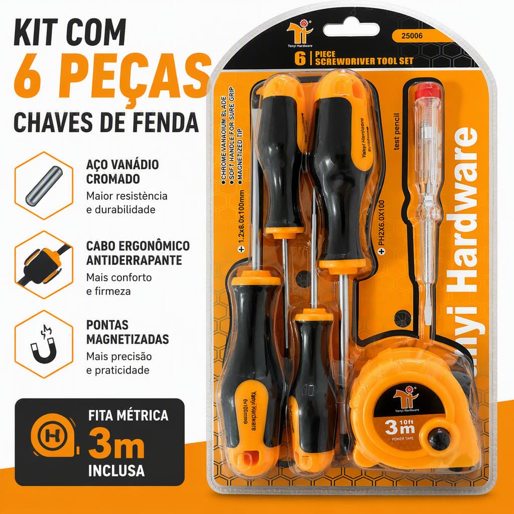 Kit Ferramentas 6 Peças | 4 Chaves de Fenda Imantadas + Caneta Teste Elétrica + Trena Métrica 3m