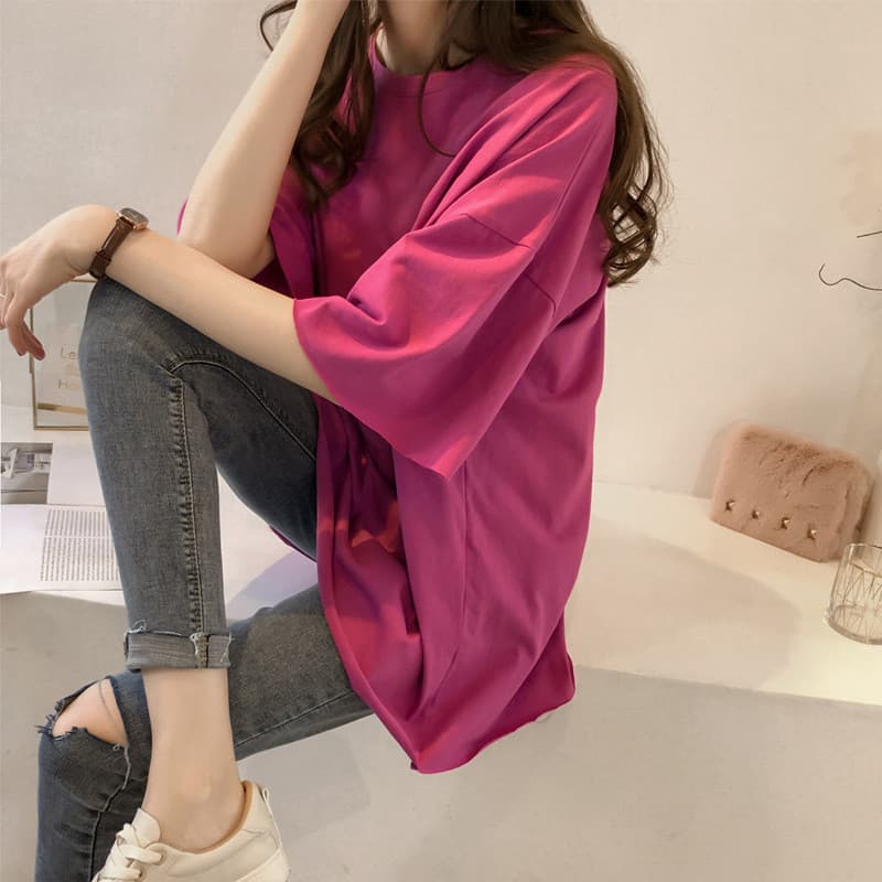 Cor sólida novo estilo doce cor camiseta feminina de manga curta estudante solto estilo coreano ins meia-