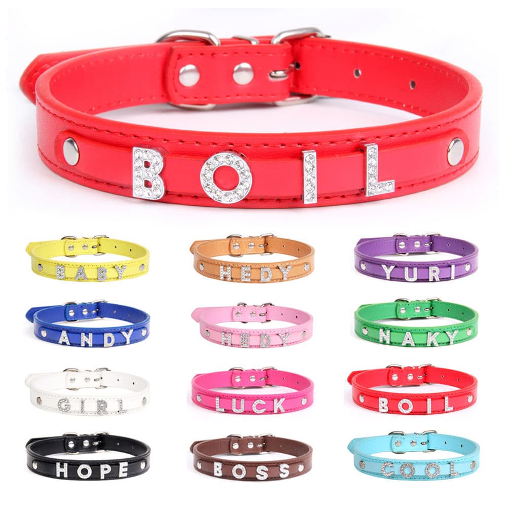 Coleira para animais de estimação gato couro PU colar luminoso carta diamante colar DIY suprimentos para cães venda quen