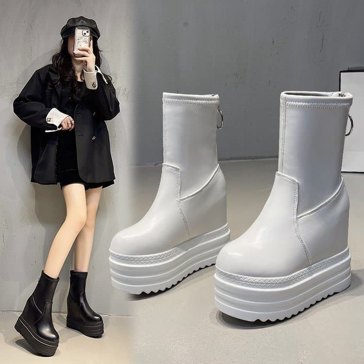 Botas curtas femininas de salto cunha Muffin para pessoas pequenas, inverno novo estilo com zíper traseiro mais veludo t