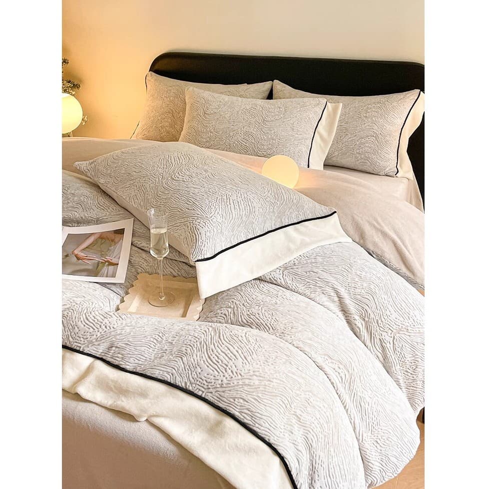 Inverno engrossado leite velo conjunto de quatro peças 2023 novo estilo esculpido Coral velo mais velo folha de cama de