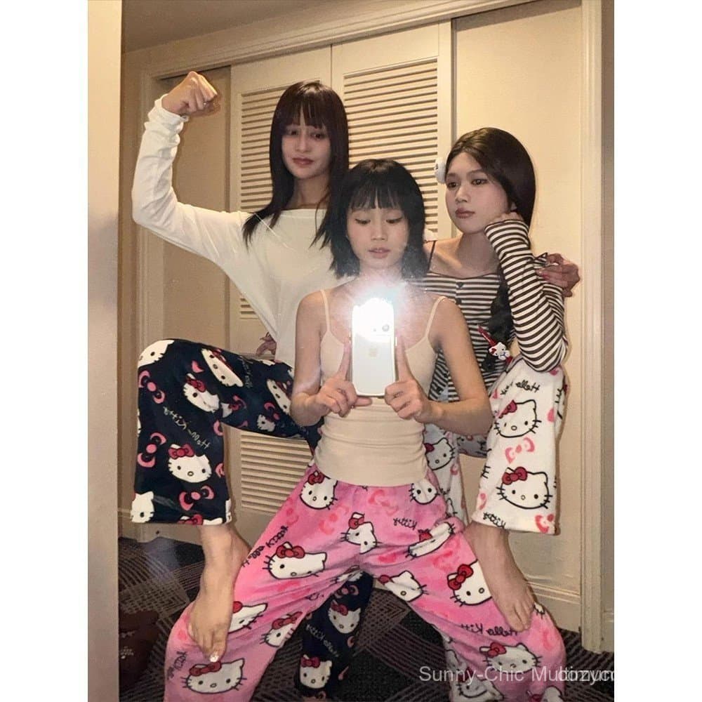 Hello Kitty Anime Y2k Calça De Flanela Kawaii Feminina Quente De Lã Desenho Animado Casual Solta