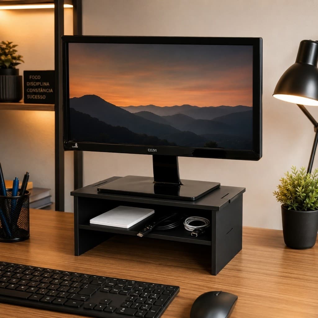 Base Suporte para Monitor em Madeira MDF – Home Office e Escritório Preto