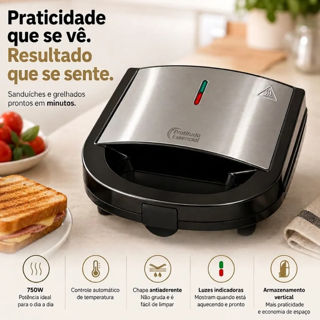 Sanduicheira Grill Elétrica 750W Antiaderente 2 Sanduíches Rápido 110V ou 220V Inox Termostato Automatico