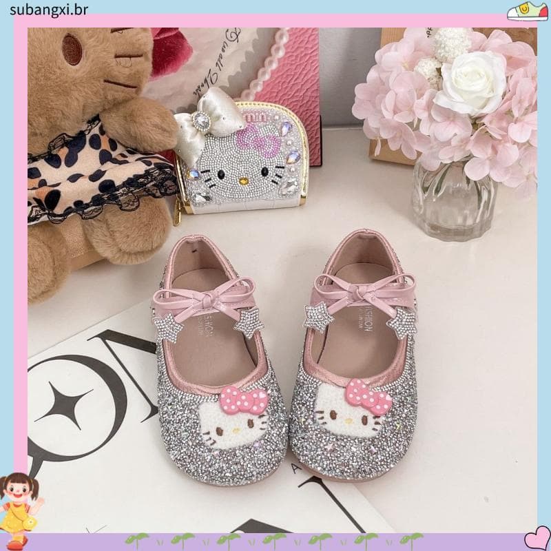 Meninas sapatos de princesa 2026 primavera outono novo estilo sola macia KT gato sapatos de cristal espumante com sapato
