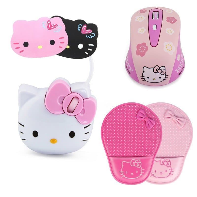 Mouse Hello Kitty 2.4GHZ e Conjunto de Mouse Pad Kitty Pad Kitty Kids Mini Mouse Óptico de Desenho Animado