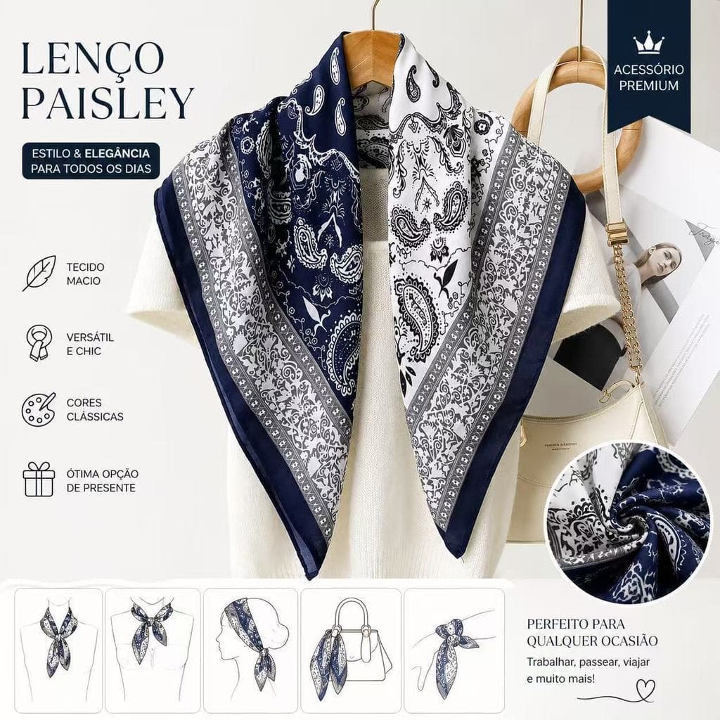 Lenço Cetim Cabeça Pescoço de Seda Super Moda Padrão Retrô 90cm x90cm Varias Cores