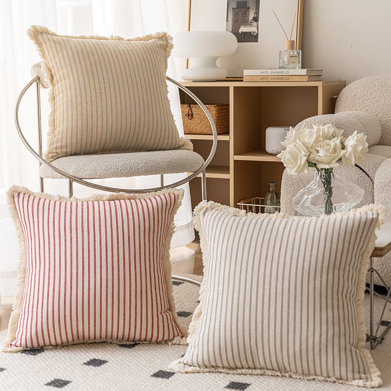 Nova almofada decorativa listrada de algodão e linho no estilo Ins, almofada simples para sofá com borda de franjas, cap