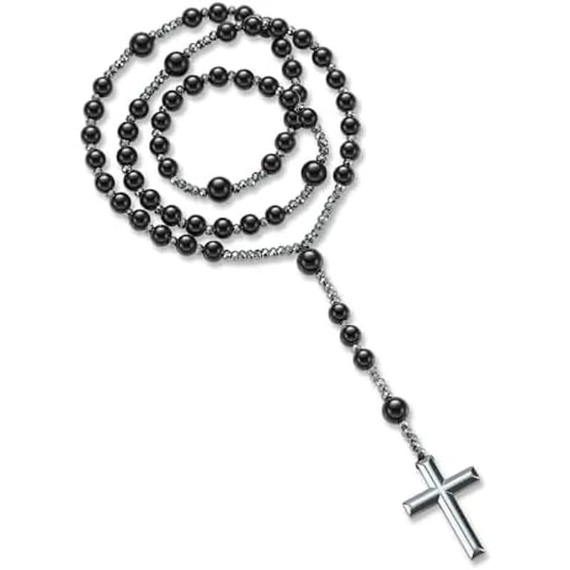 Yumikoo Jesus Crucifixo Rosário Contas Colar Para Homens Mulheres Hematita E Cruz De Ágata Preta Fosca