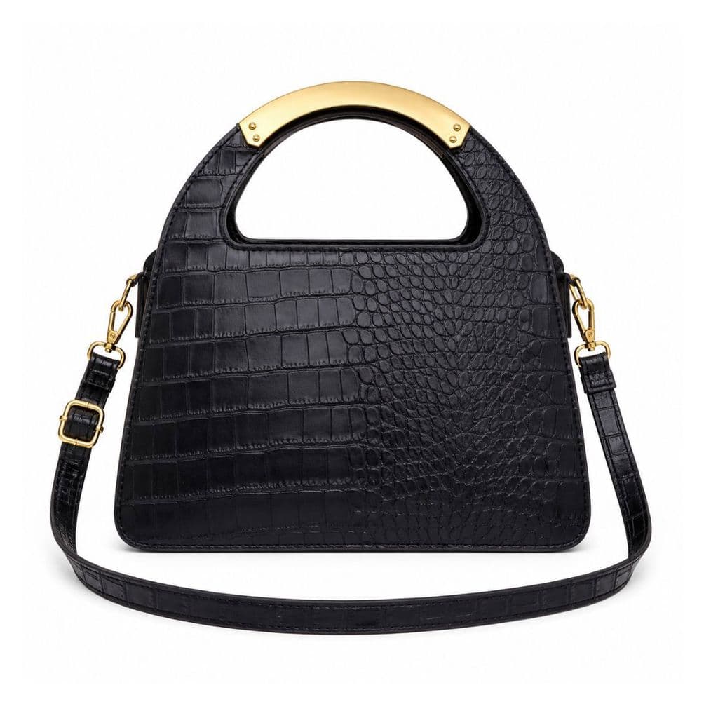 Bolsa Feminina de Couro Croco Alça Dourada Fixa e Tiracolo Ajustável Casual Social Luxo