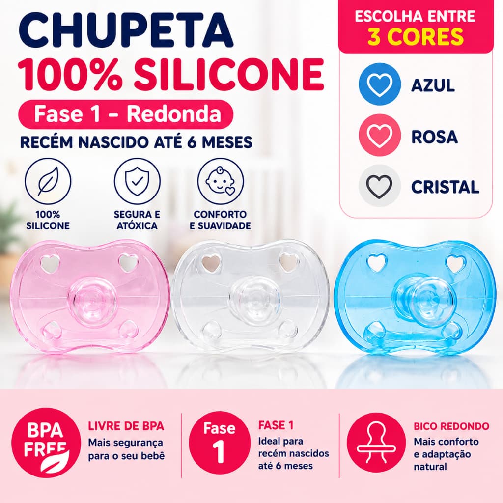 Chupeta 100% Silicone Bico Redondo Fase 1 De 0 a 6 Meses Azul Rosa Cristal Livre de BPA