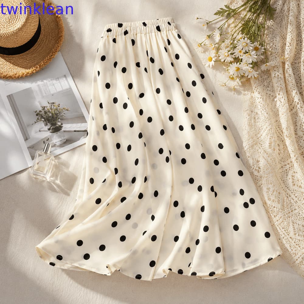 Saia De Bolinhas , Design De Emenda De Cintura Elástica Evasê , Vestido Plissado De Verão Slim Fit De Meio Comprimento F